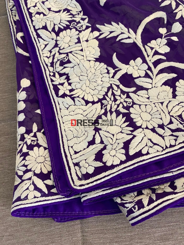 Ivory & Purple Parsi Gara Hand Embroidered Dupatta