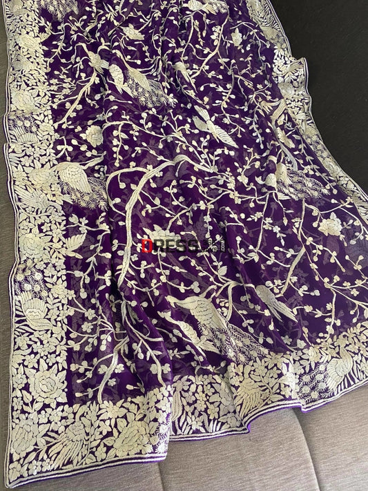 Purple & Ivory Parsi Gara Hand Embroidered Dupatta