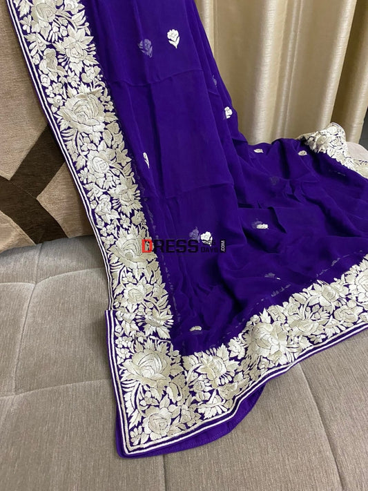 Ivory & Purple Parsi Gara Hand Embroidered Dupatta