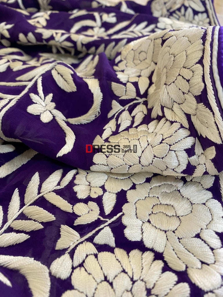 Ivory & Purple Parsi Gara Hand Embroidered Dupatta