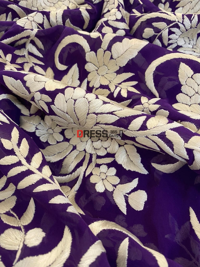 Ivory & Purple Parsi Gara Hand Embroidered Dupatta
