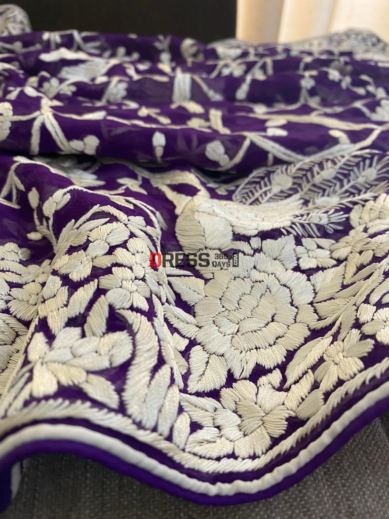 Purple & Ivory Parsi Gara Hand Embroidered Dupatta