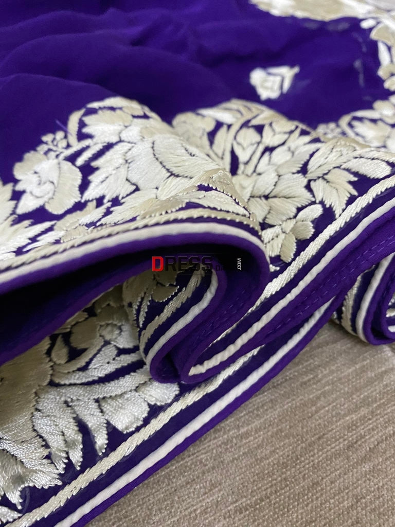 Ivory & Purple Parsi Gara Hand Embroidered Dupatta