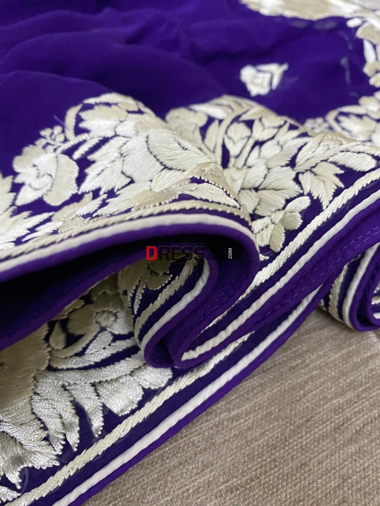 Ivory & Purple Parsi Gara Hand Embroidered Dupatta