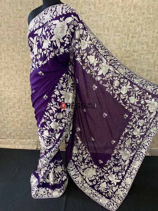 Ivory & Purple Parsi Gara Saree