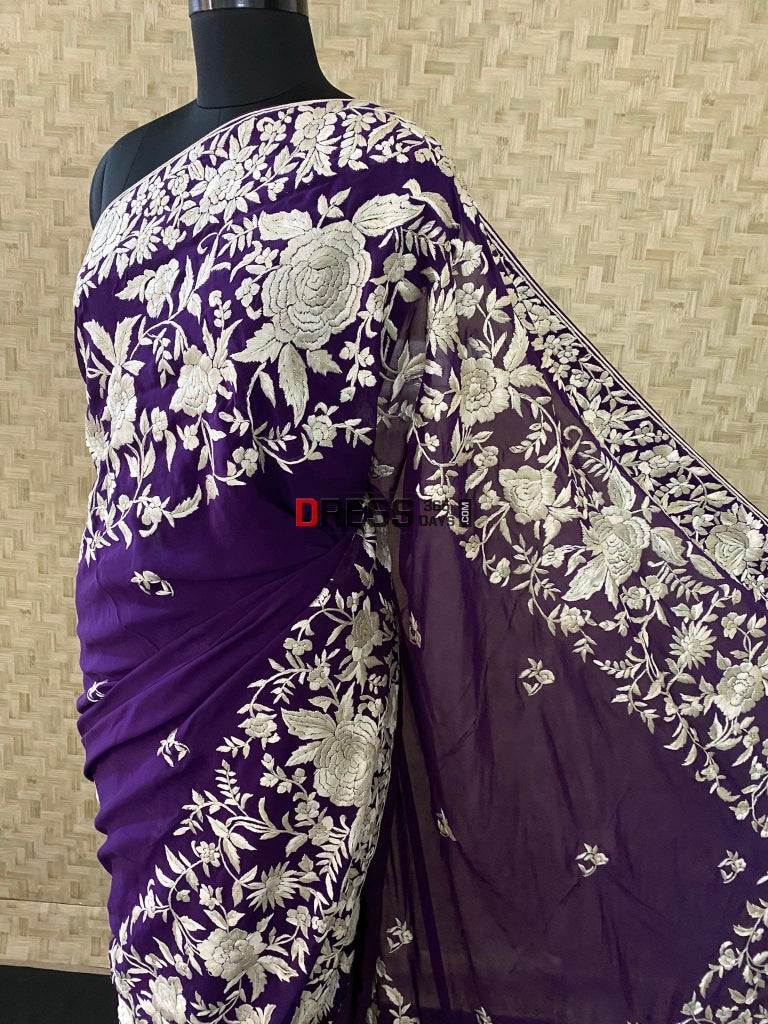 Ivory & Purple Parsi Gara Saree