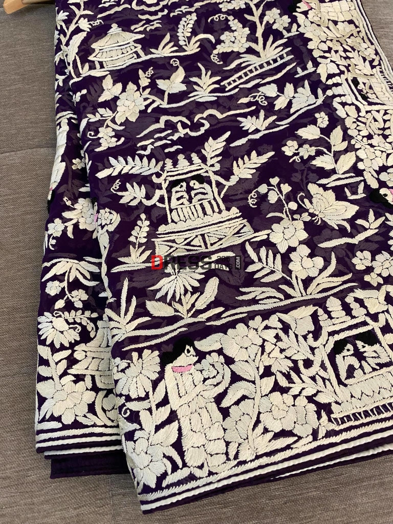 Ivory & Purple Parsi Work Hand Embroidered Dupatta Gara