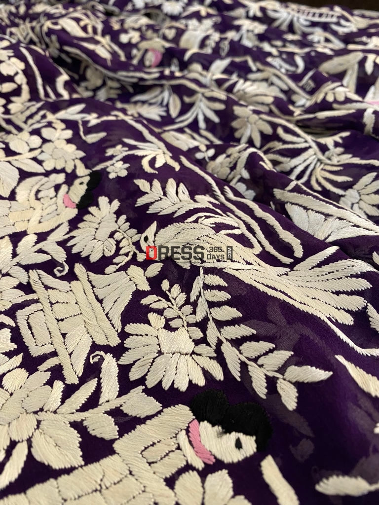 Ivory & Purple Parsi Work Hand Embroidered Dupatta Gara