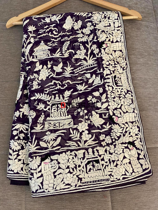 Ivory & Purple Parsi Work Hand Embroidered Dupatta Gara