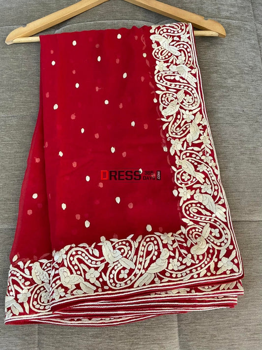 Ivory & Red Parsi Gara Hand Embroidered Dupatta