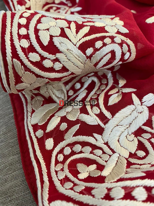 Ivory & Red Parsi Gara Hand Embroidered Dupatta