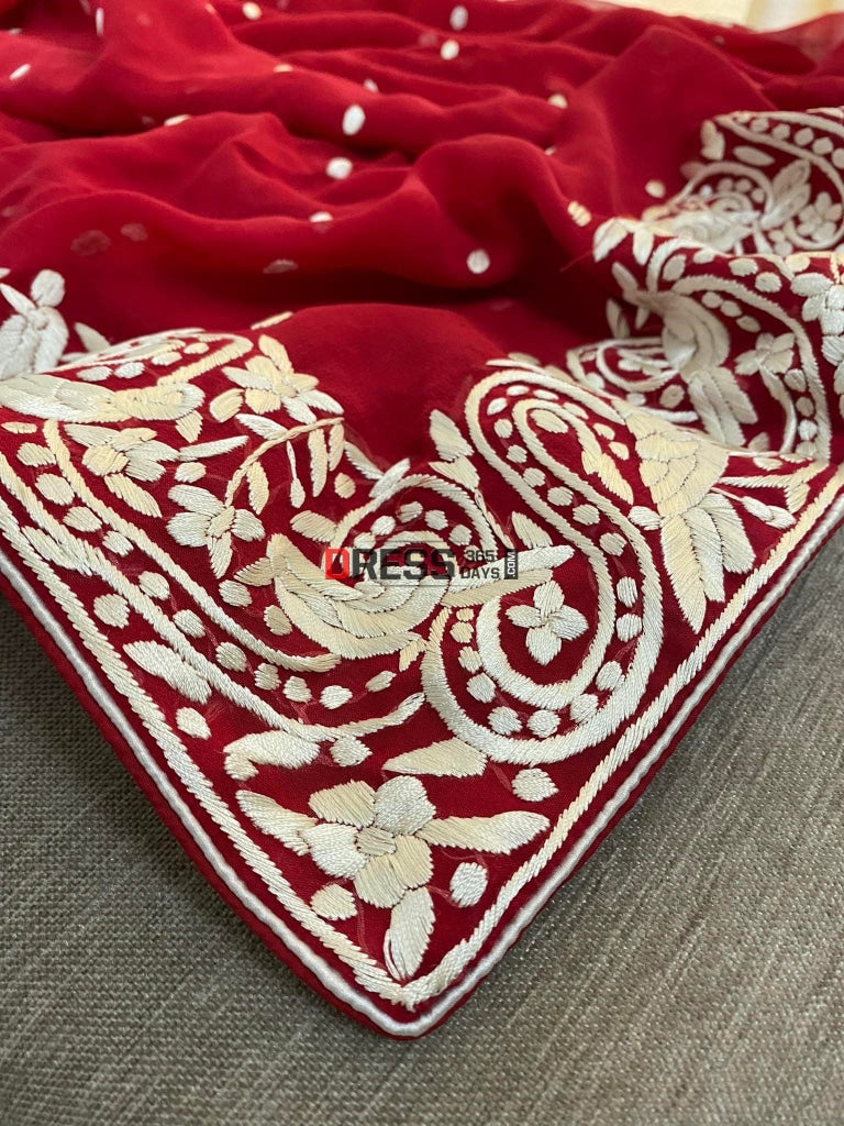 Ivory & Red Parsi Gara Hand Embroidered Dupatta