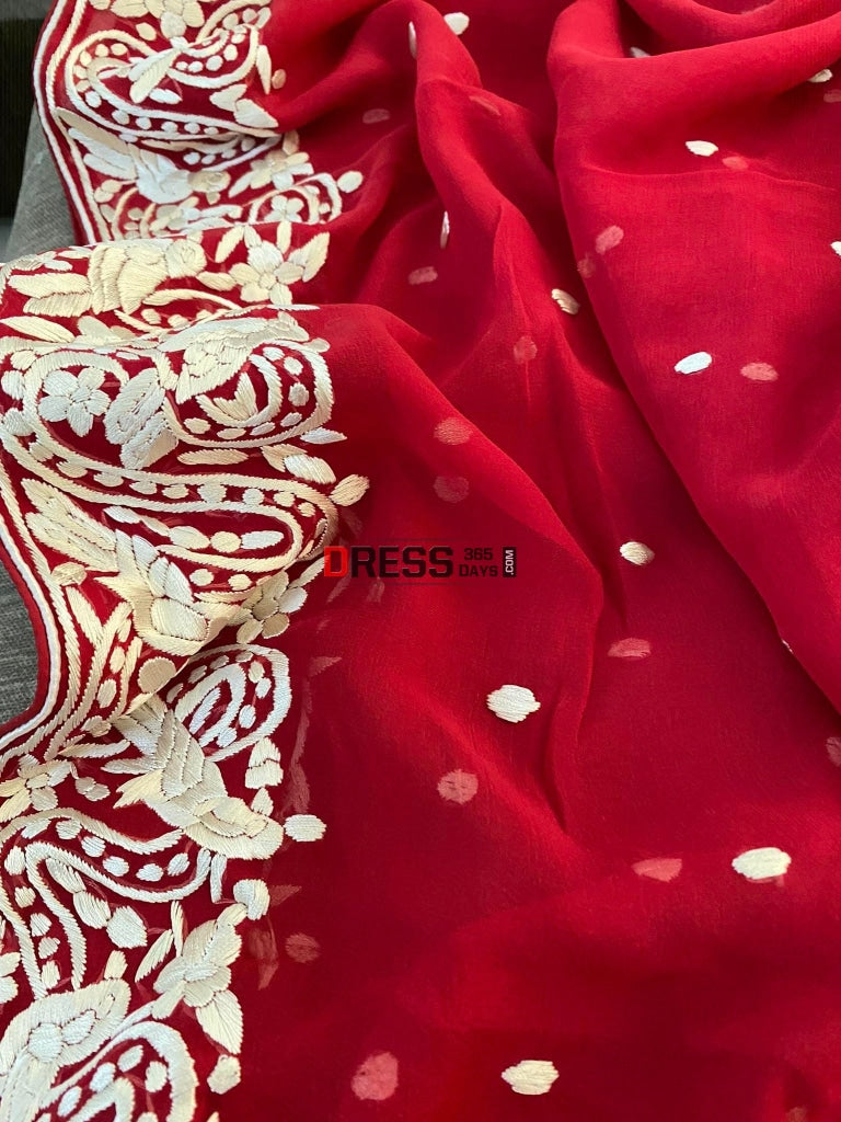 Ivory & Red Parsi Gara Hand Embroidered Dupatta