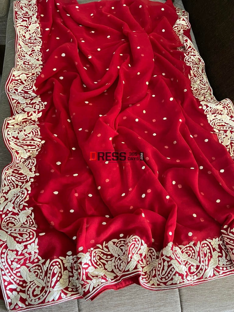 Ivory & Red Parsi Gara Hand Embroidered Dupatta