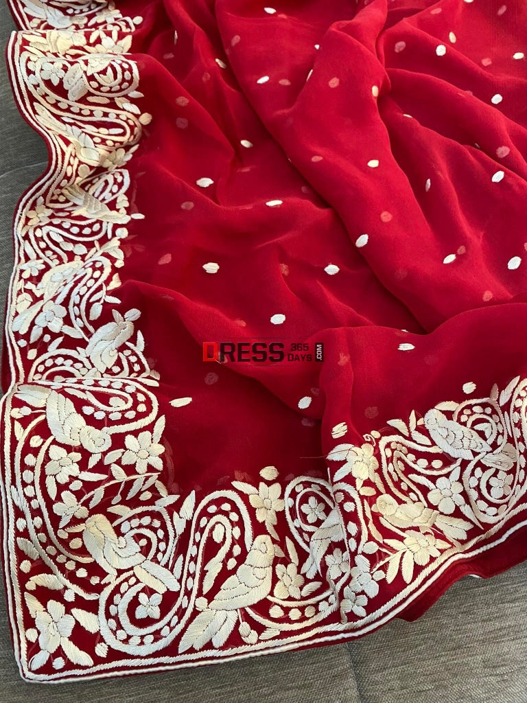 Ivory & Red Parsi Gara Hand Embroidered Dupatta