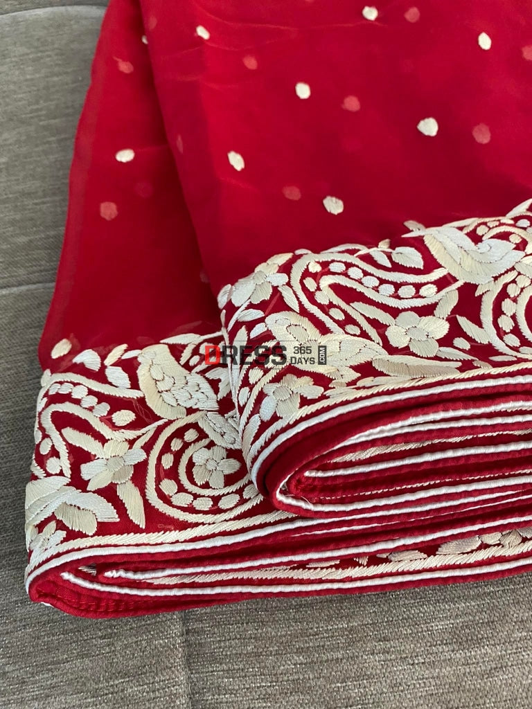 Ivory & Red Parsi Gara Hand Embroidered Dupatta