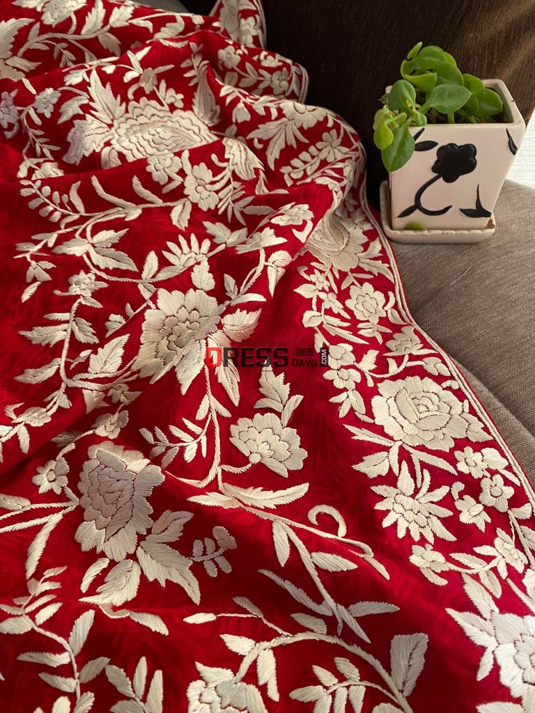 Ivory & Red Parsi Gara Saree - Self Design Pure Crepe Silk