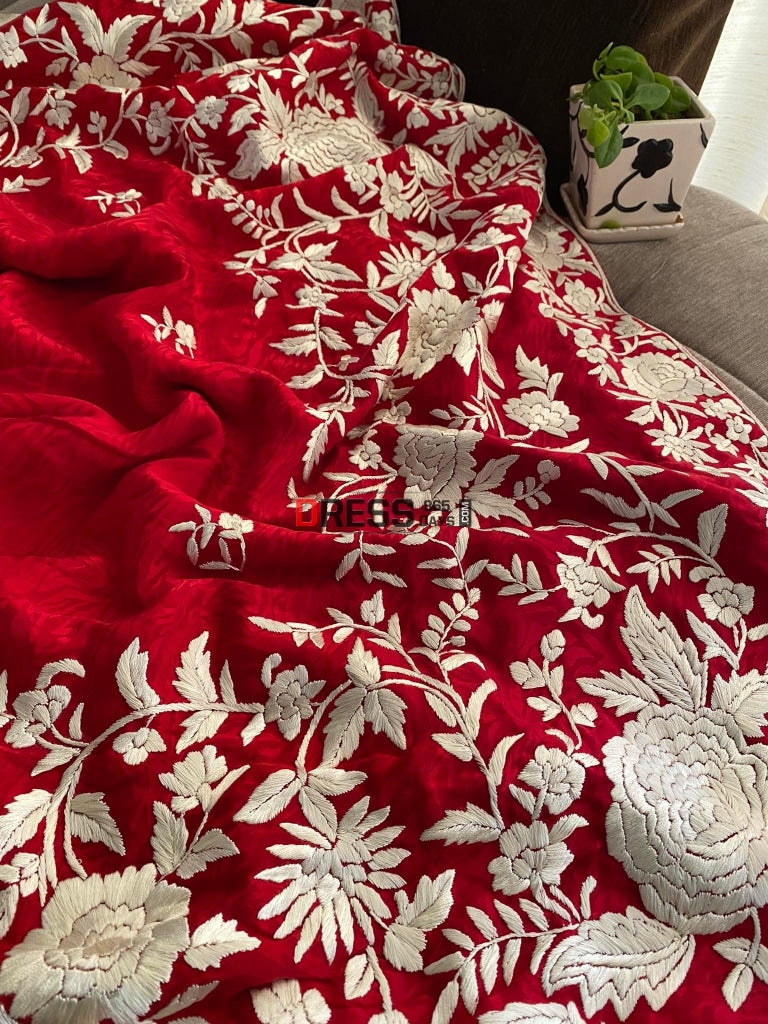 Ivory & Red Parsi Gara Saree - Self Design Pure Crepe Silk
