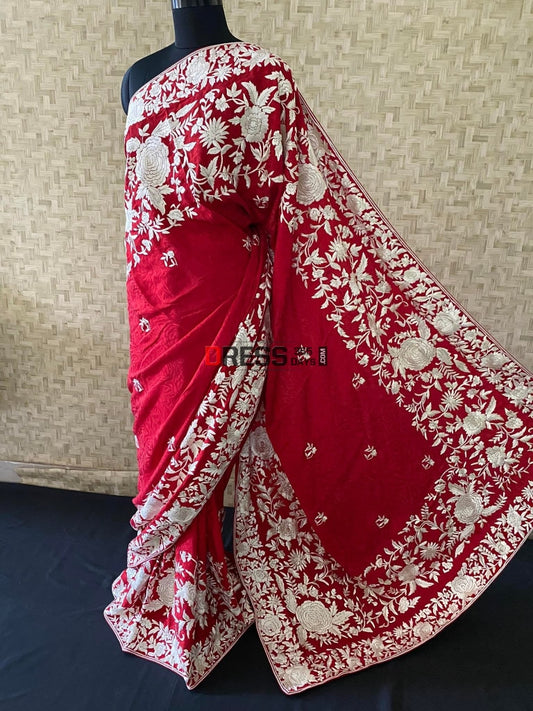 Ivory & Red Parsi Gara Saree - Self Design Pure Crepe Silk