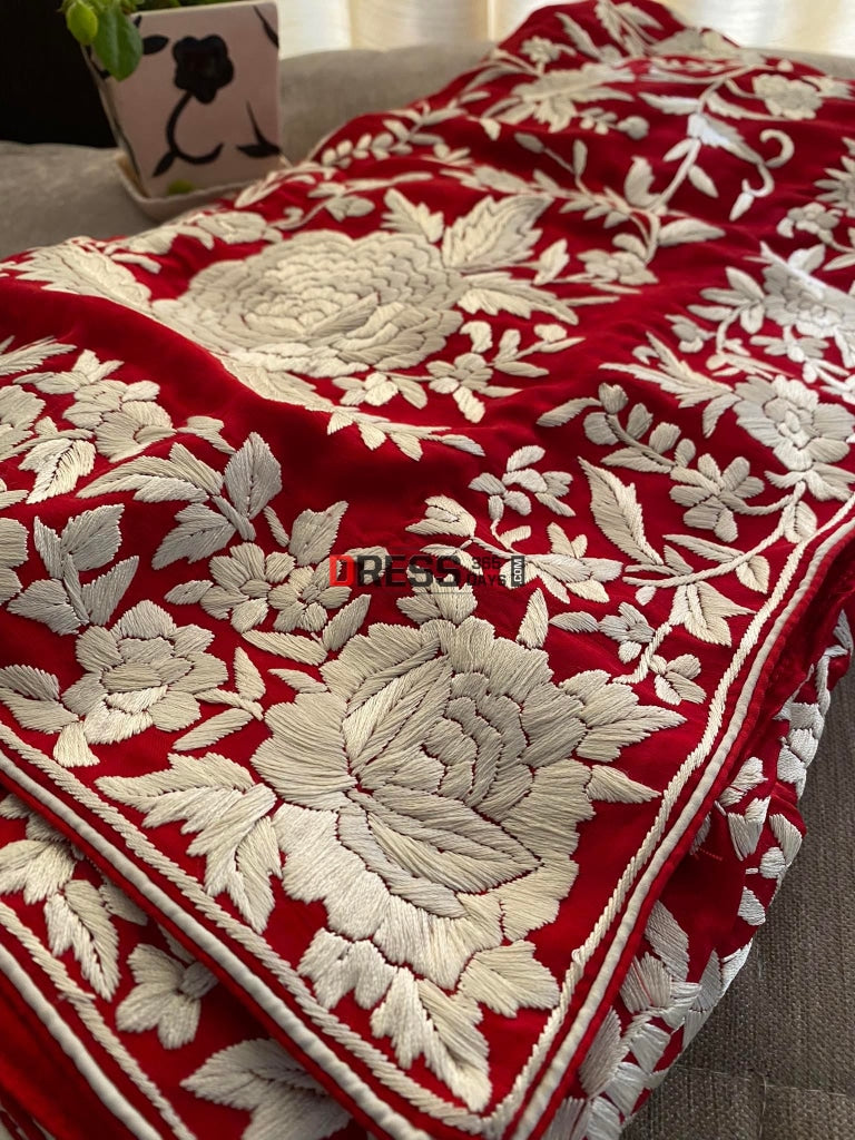 Ivory & Red Parsi Gara Saree - Self Design Pure Crepe Silk