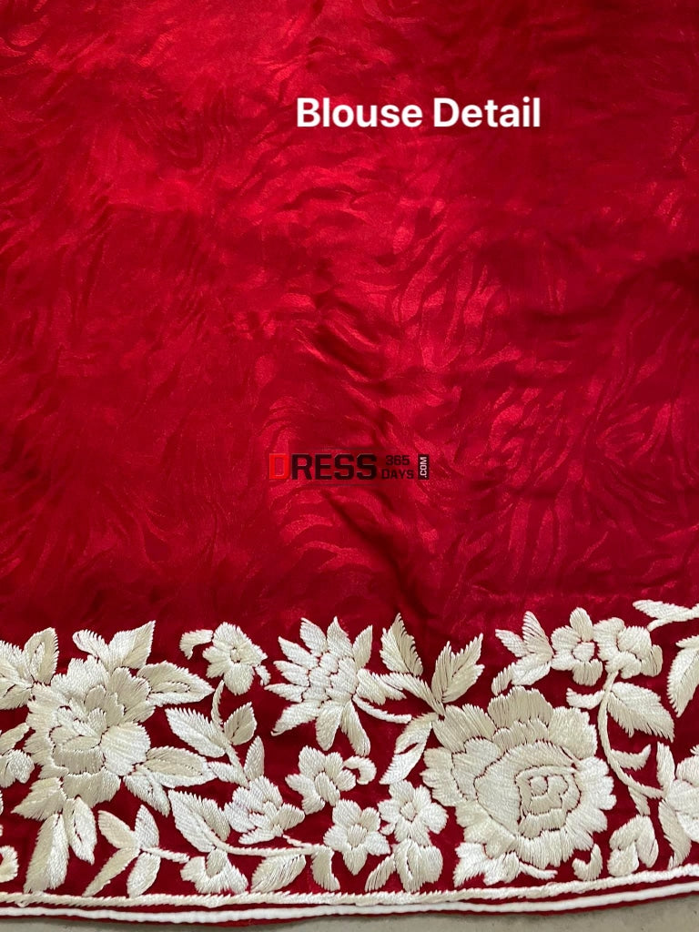 Ivory & Red Parsi Gara Saree - Self Design Pure Crepe Silk