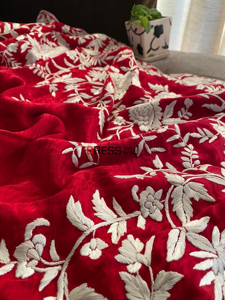 Ivory & Red Parsi Gara Saree - Self Design Pure Crepe Silk