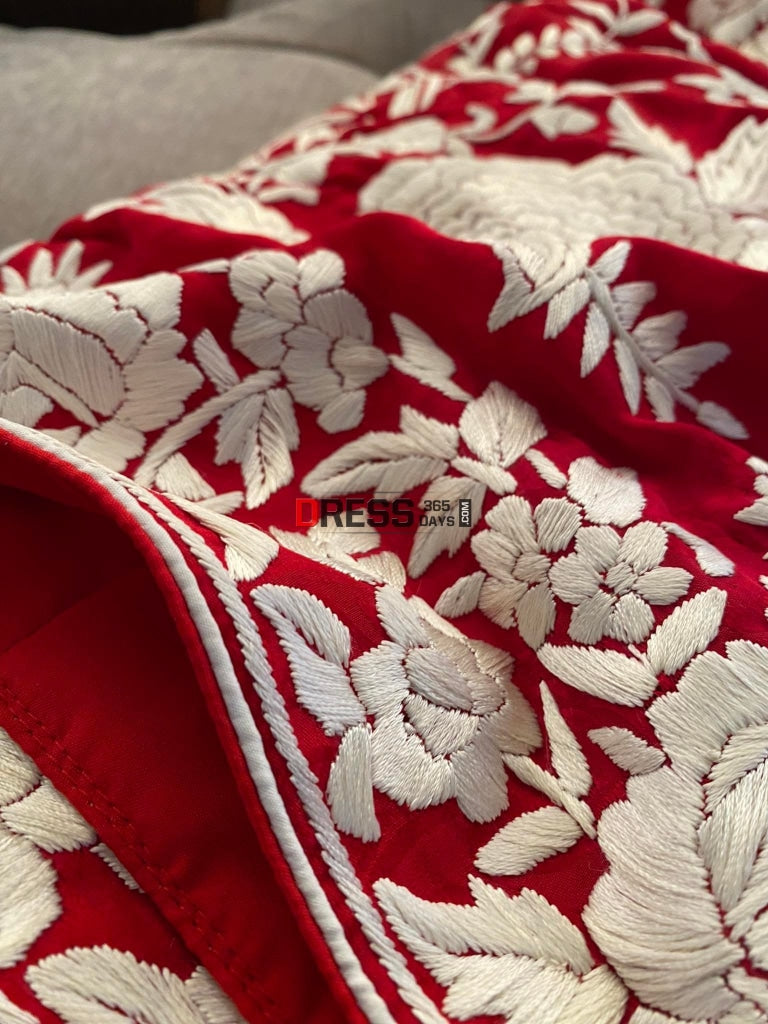 Ivory & Red Parsi Gara Saree - Self Design Pure Crepe Silk