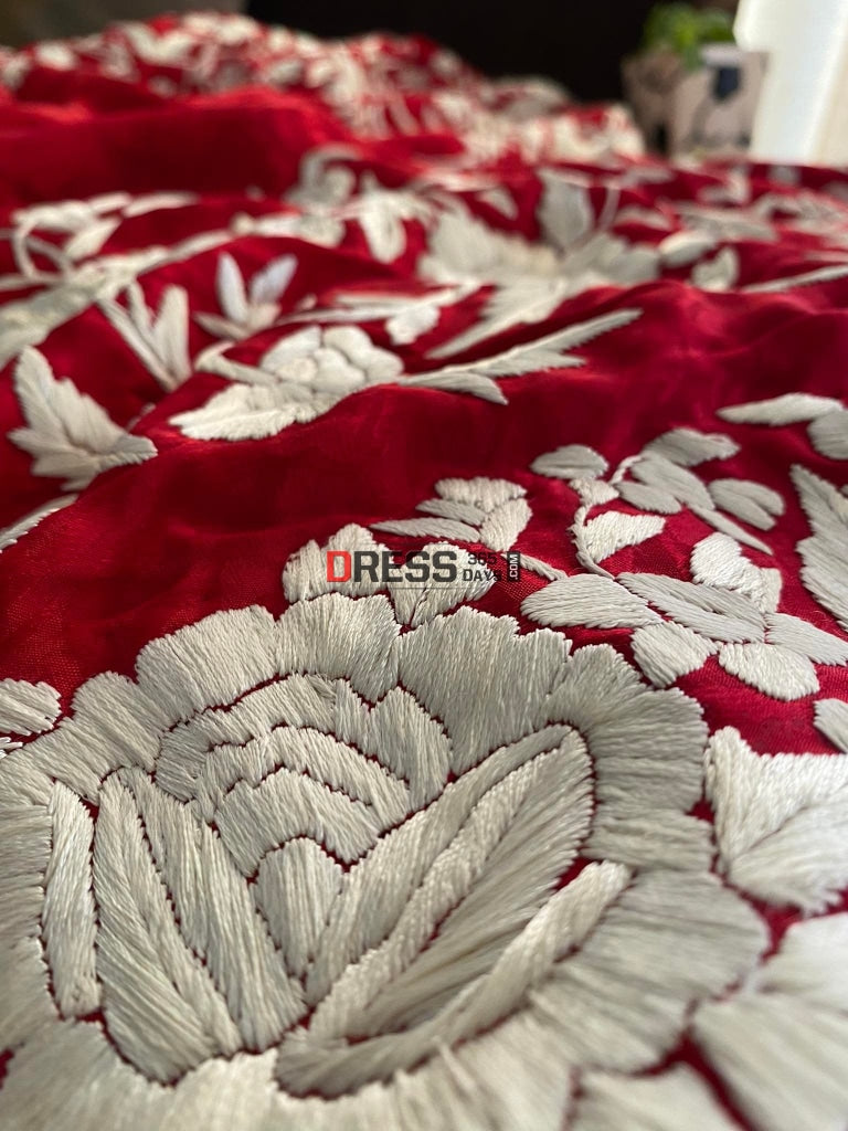 Ivory & Red Parsi Gara Saree - Self Design Pure Crepe Silk