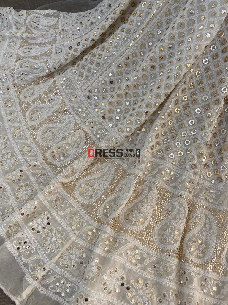 Ivory Ring Mukaish Chikankari Lehenga (Only Skirt)