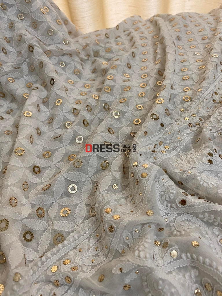 Ivory Ring Mukaish Lucknowi Chikankari Dupatta