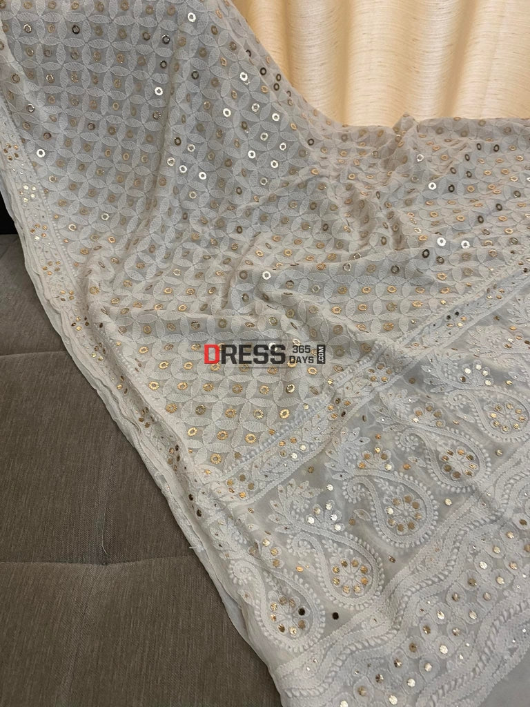 Ivory Ring Mukaish Lucknowi Chikankari Dupatta