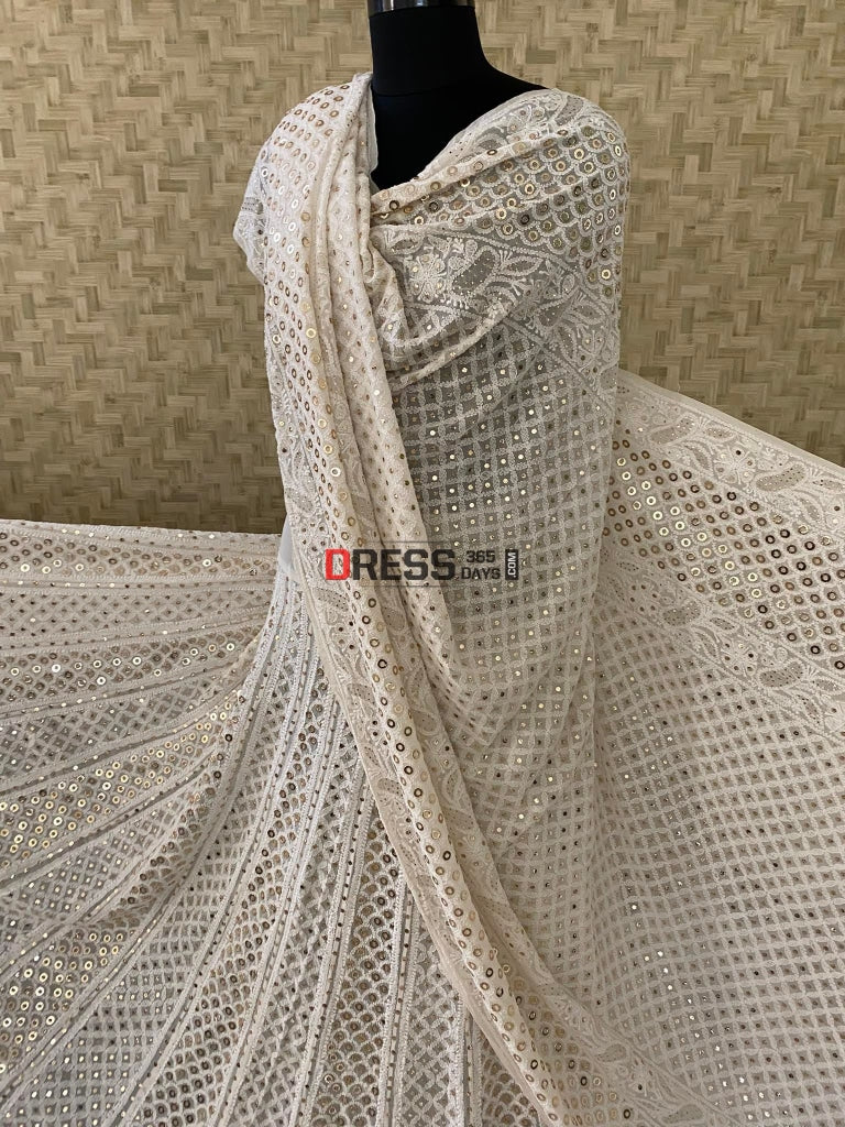 Ivory Ring Mukaish Lucknowi Lehenga Set Chikankari