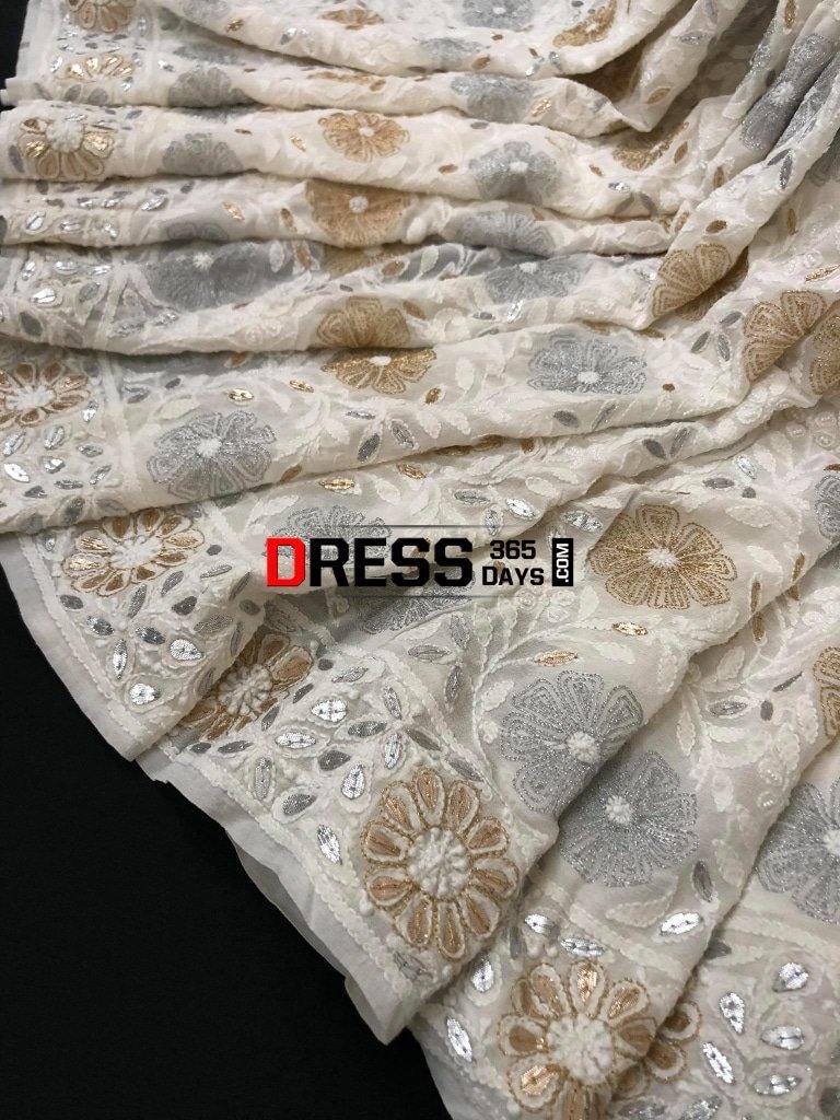 Ivory Silver Gold Gota Patti Chikankari Saree
