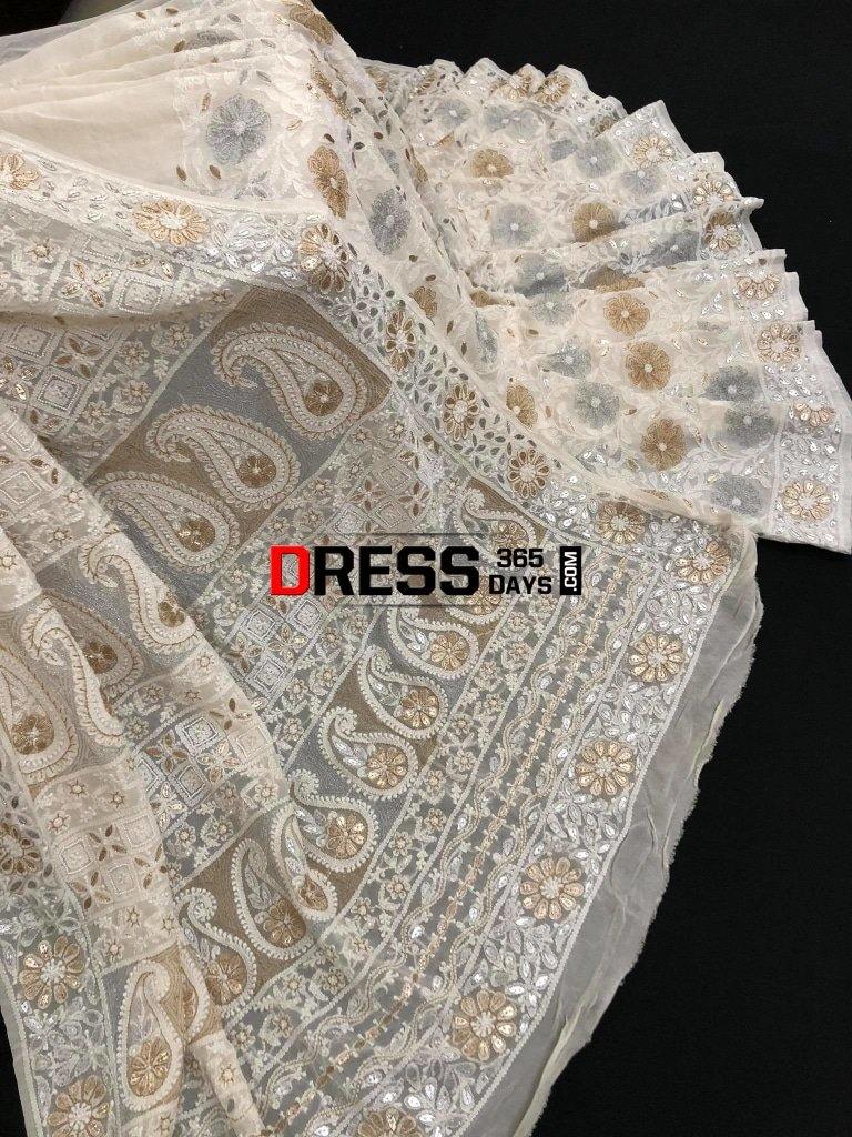 Ivory Silver Gold Gota Patti Chikankari Saree