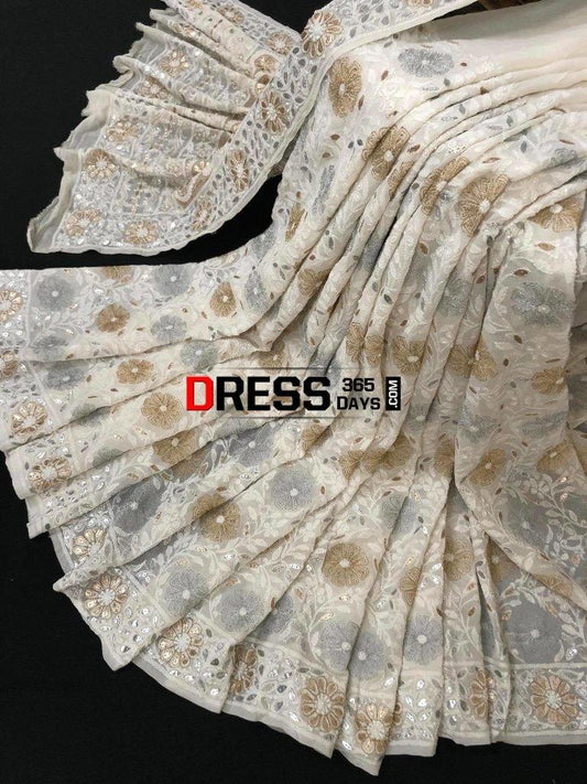Ivory Silver Gold Gota Patti Chikankari Saree