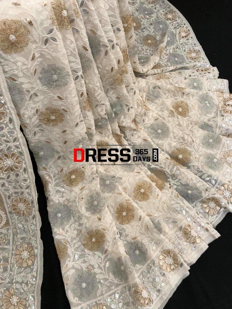 Ivory Silver Gold Gota Patti Chikankari Saree