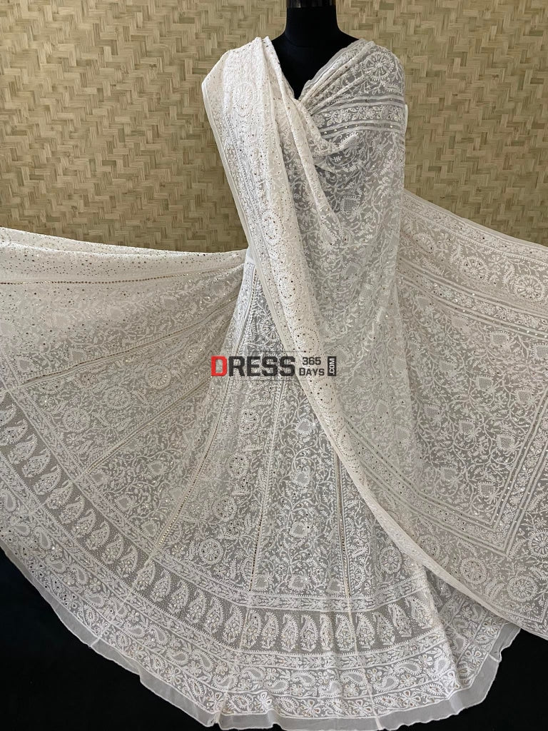 Ivory White Chikankari Hand Jaali & Mukaish Lehenga Set