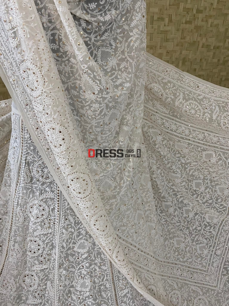 Ivory White Chikankari Hand Jaali & Mukaish Lehenga Set
