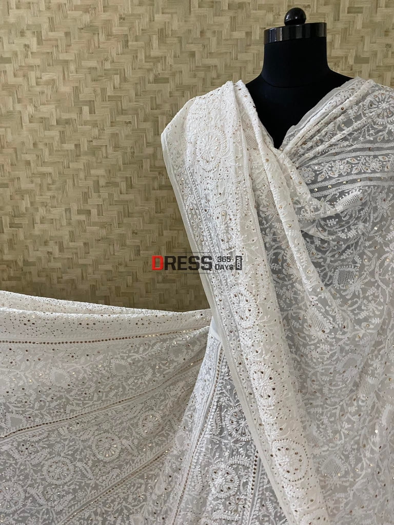 Ivory White Chikankari Hand Jaali & Mukaish Lehenga Set