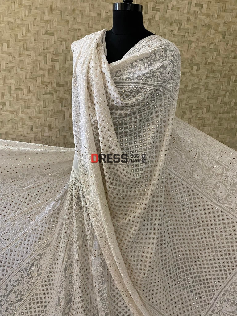 Ivory White Chikankari Mukaish Lehenga Set - 24 Kalis