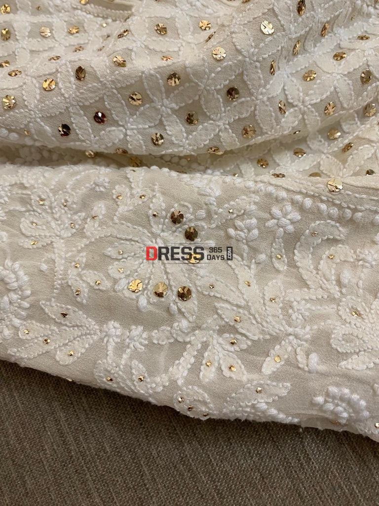 Ivory White Chikankari Mukaish Lehenga Set - 24 Kalis