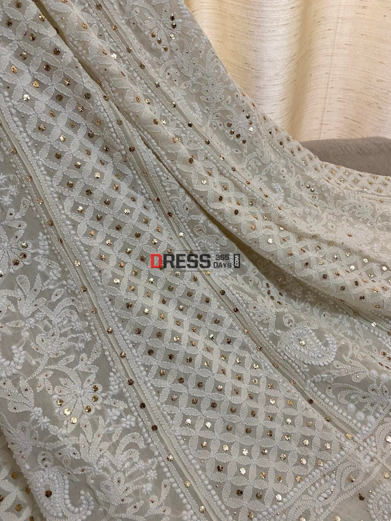 Ivory White Chikankari Mukaish Lehenga Set - 24 Kalis