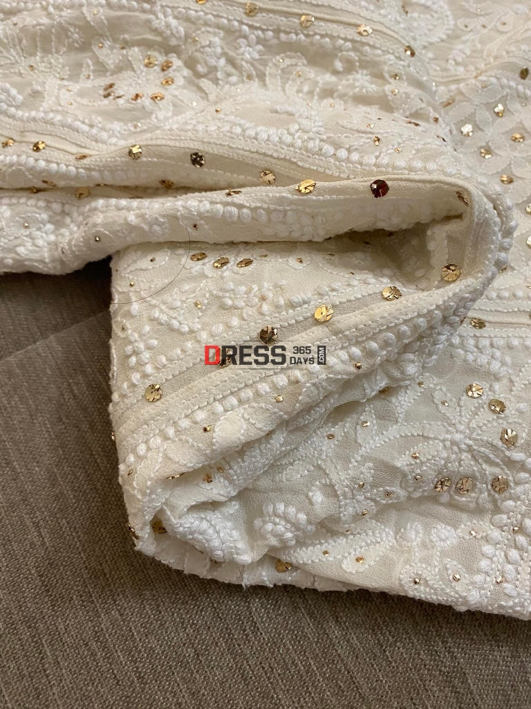 Ivory White Chikankari Mukaish Lehenga Set - 24 Kalis