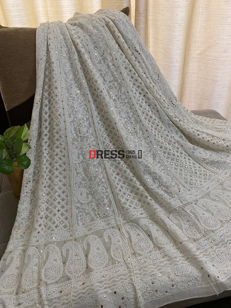 Ivory White Chikankari Mukaish Lehenga Set - 24 Kalis