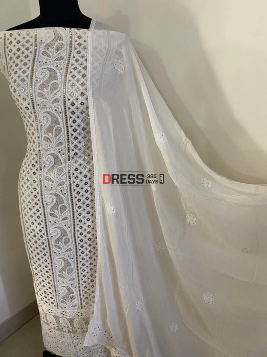 Ivory White Chikankari Ring Mukaish Suit Suits
