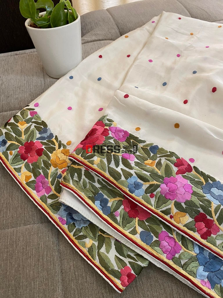 Ivory White Crepe Silk Parsi Gara Saree