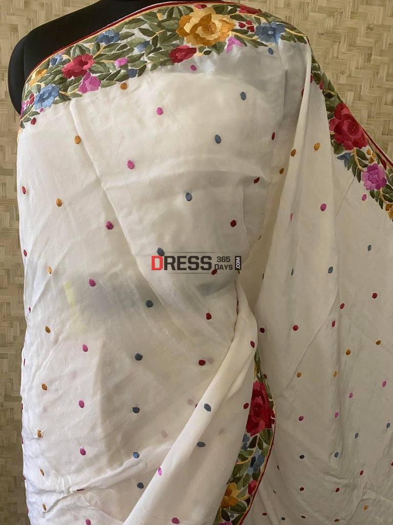 Ivory White Crepe Silk Parsi Gara Saree