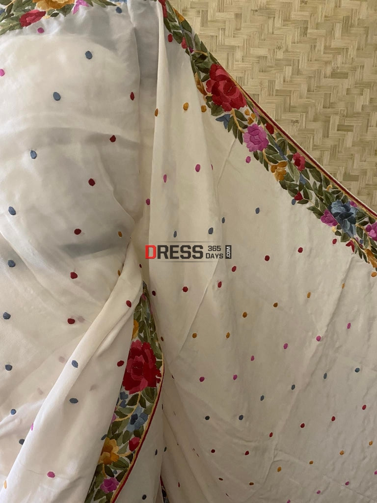 Ivory White Crepe Silk Parsi Gara Saree