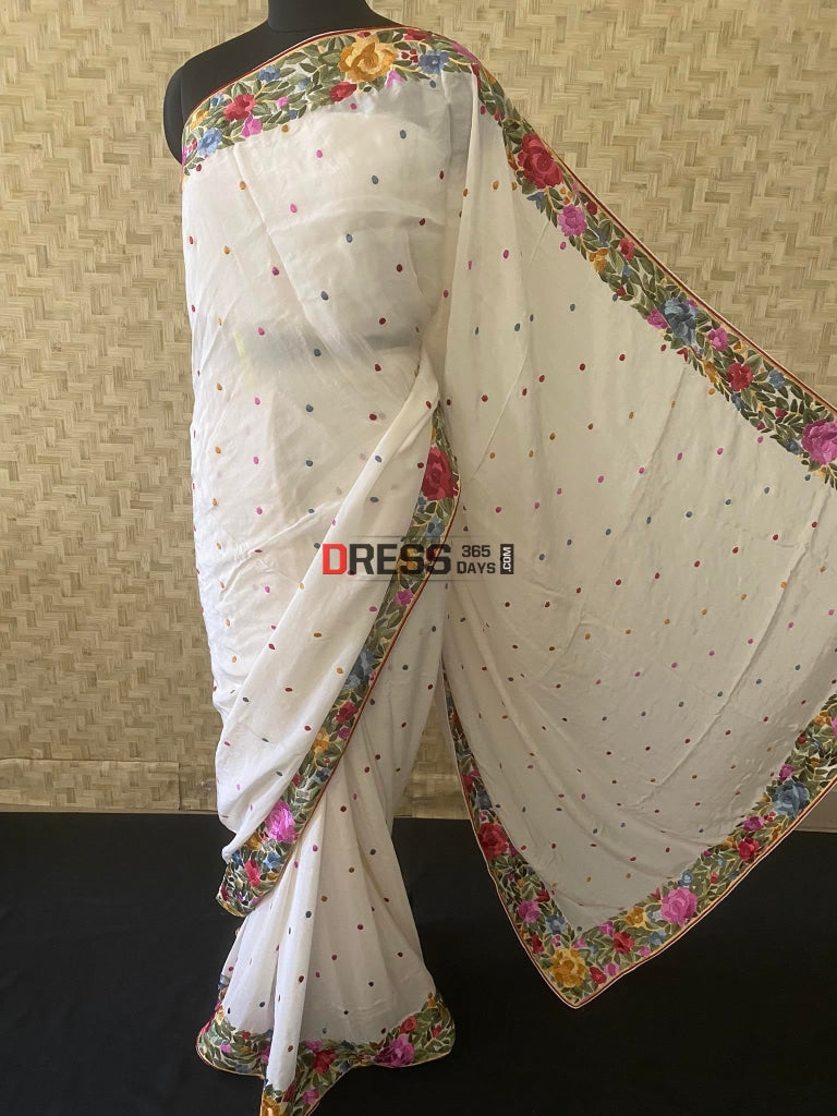 Ivory White Crepe Silk Parsi Gara Saree