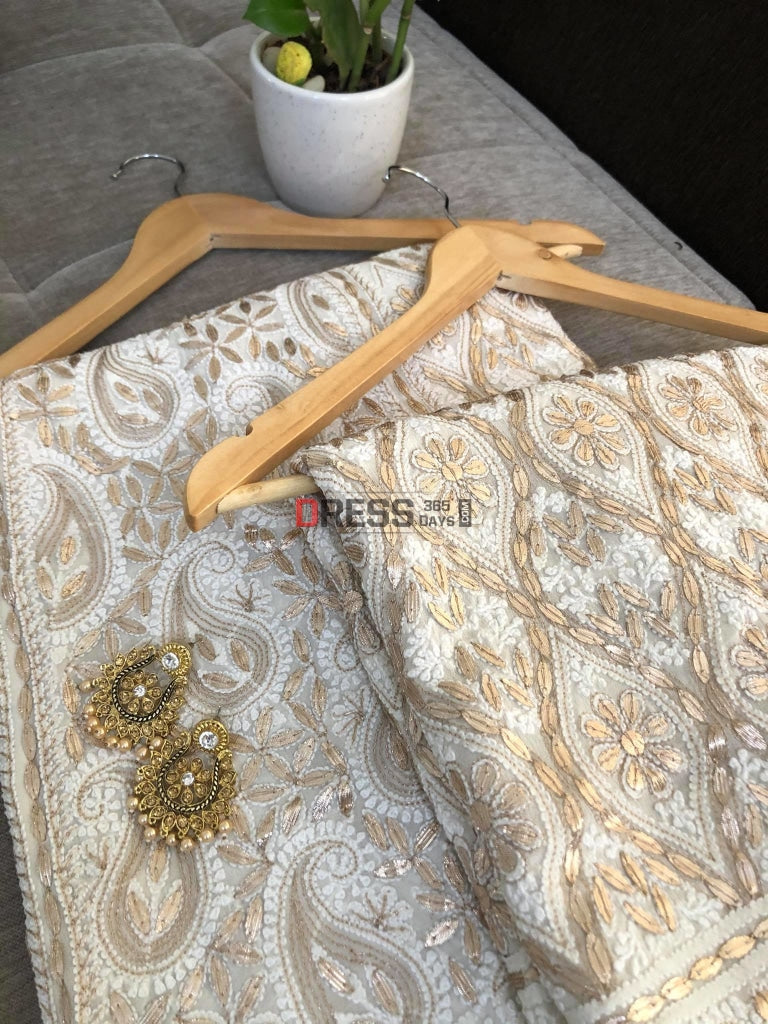 Ivory White Gota Patti Chikankari Lehenga Set Suits